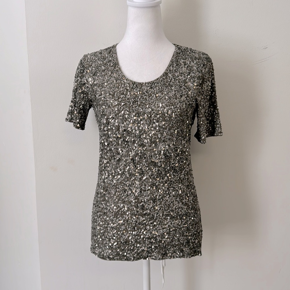 EXETERA handmade sequin silver short sleeve top, Sz T2